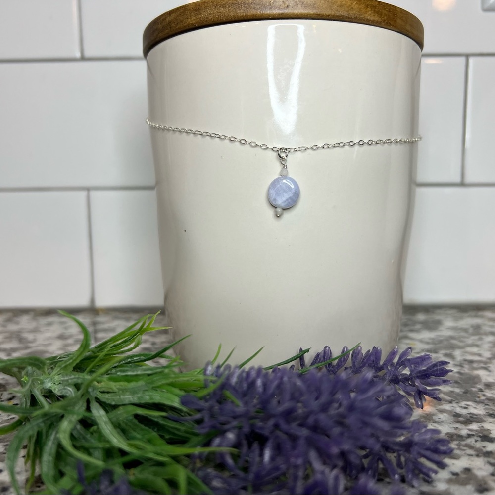 Handmade Blue Lace Agate Dangle Pendant on Sterling Silver Necklace